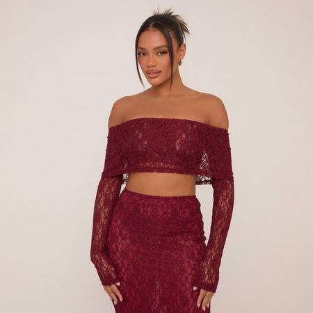 Fold Over Bardot Long Sleeve Crop Top In Burgundy Lace, Women's Size