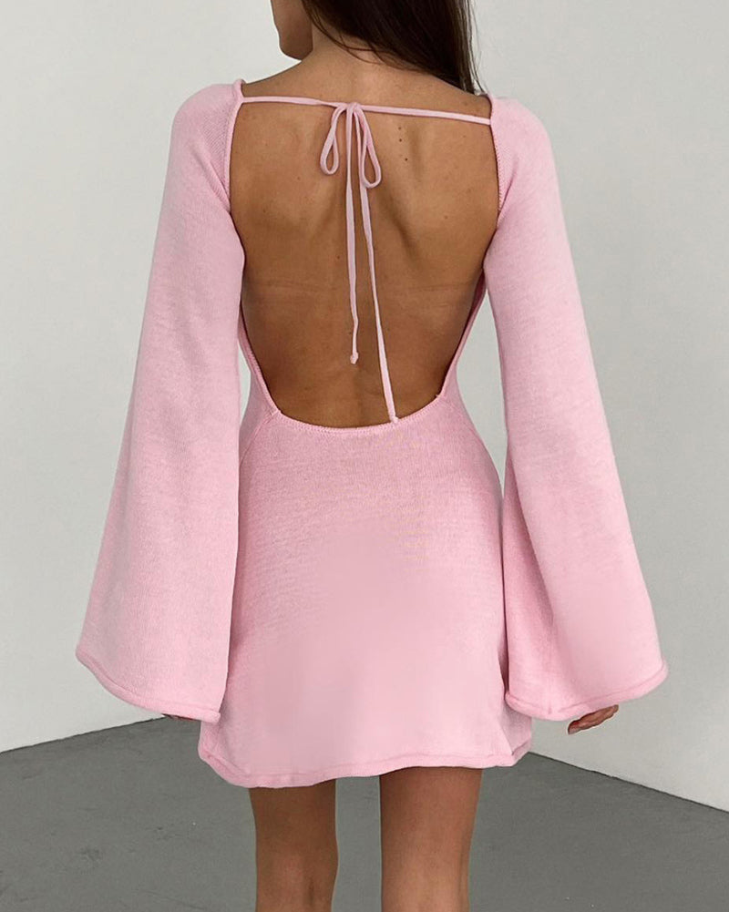 Zeagoo Elegant Backless Lace-up Bell Sleeve Mini Dress for Women Casual Going Out Summer - Pink S