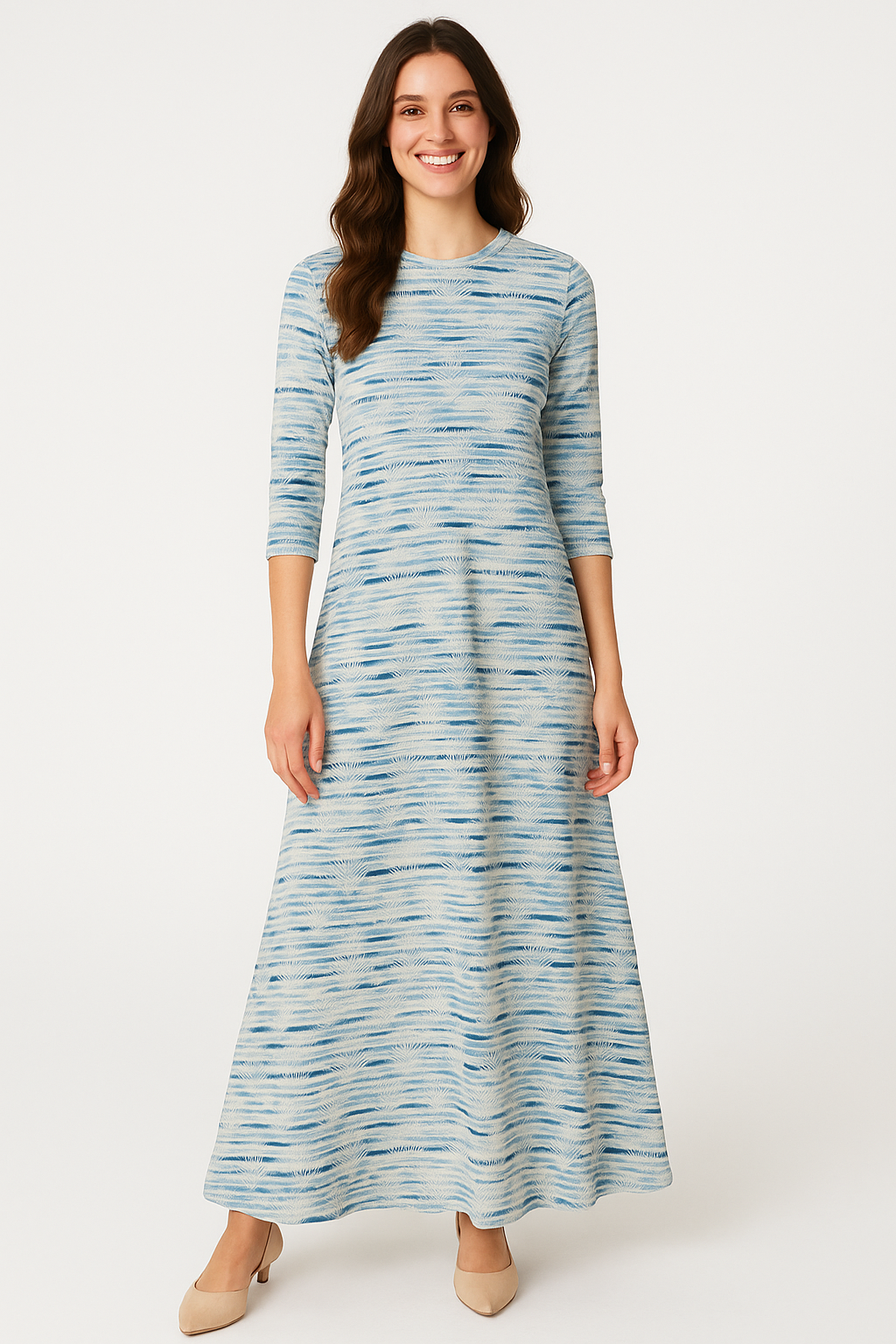 Fitted Bodice Maxi Summer Dress with Sleeves with Pockets - White Palm Blue Stripes Medium