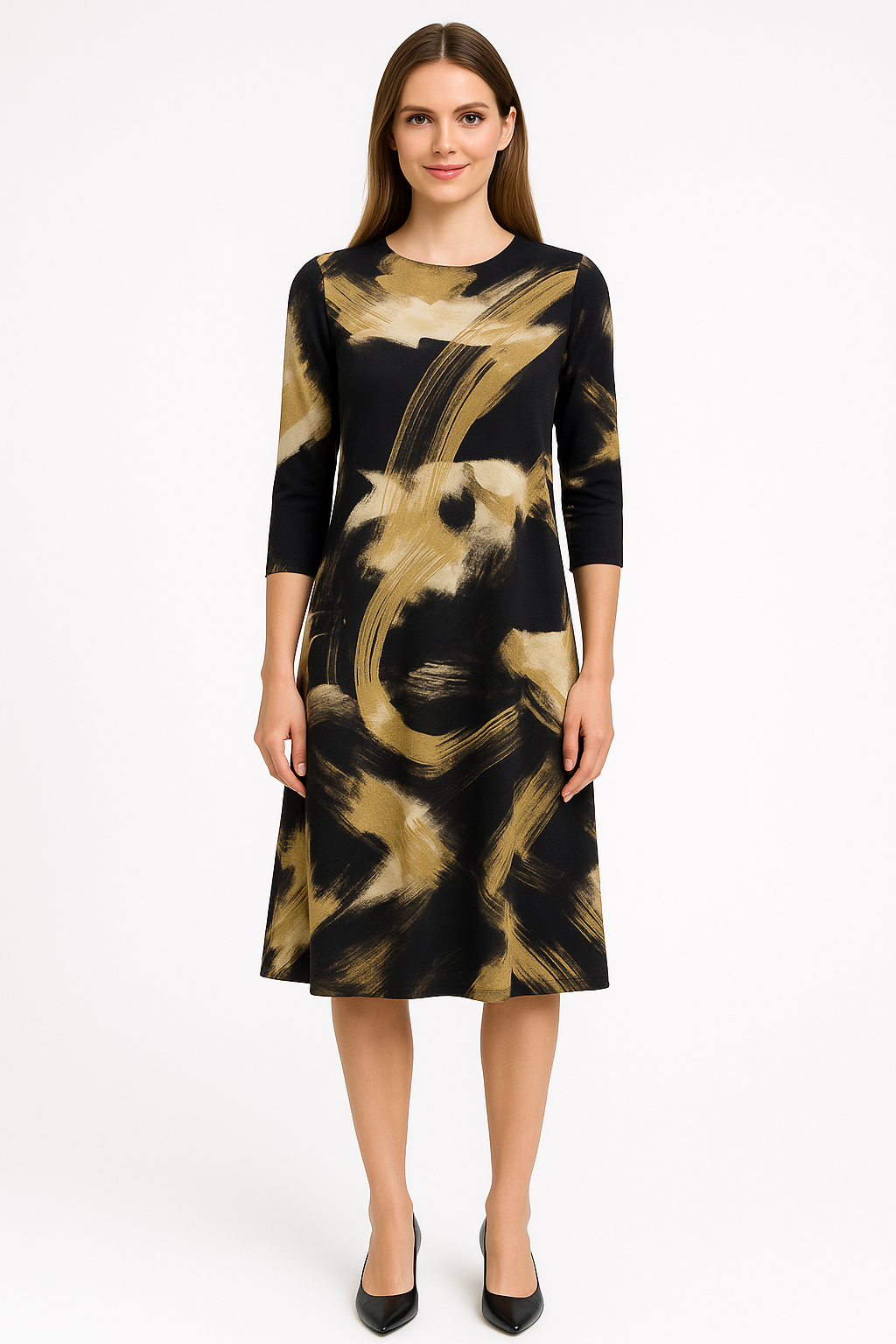 Past The Knee Shirt Dress - Comfortable A-Line Silhouette - Black White Gold Brushed Large