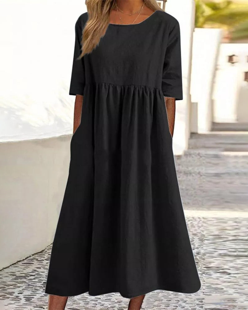 Zeagoo Women's Beach Short Sleeve Scoop Neck Ruffle Swing Casual Boho Midi Dress with Pockets - Black M