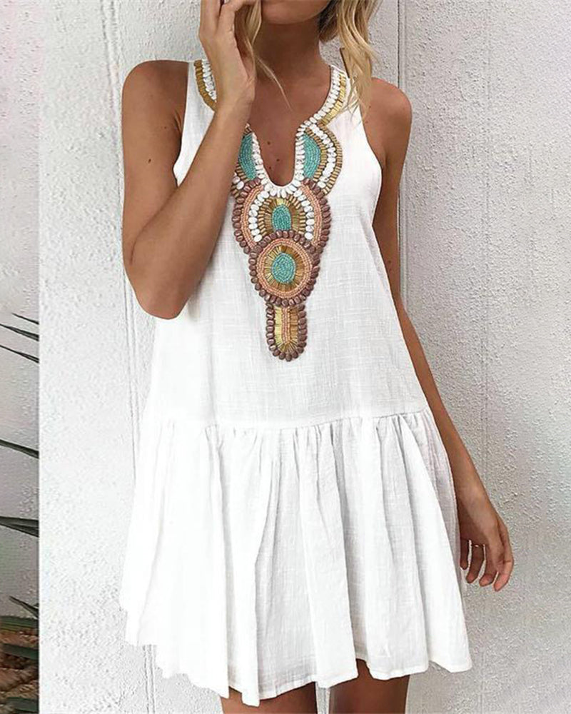 Printed Pleated Sleeveless A Line Mini Dress Beach Dresses - White L-