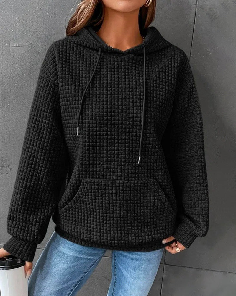 Zeagoo Casual Long Sleeve Waffle Hoodie Drawstring Pullover Sweatshirts Crop Top with Pockets - Black S