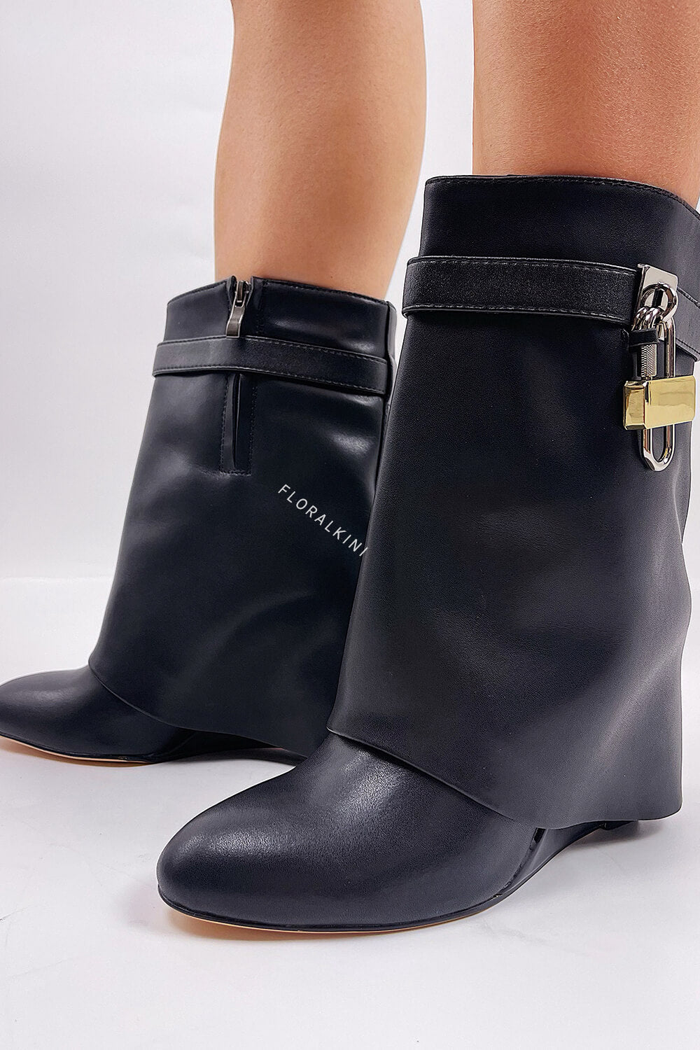 Faux Leather Padlock Detail Folded Wedge Heel Ankle Boots - Black -