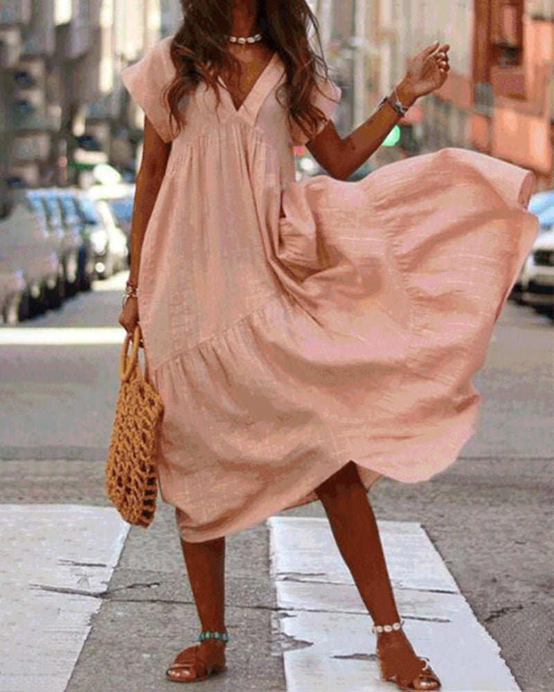 Summer Long V-Neck Boho Chic Dress Casual Holiday Beach Dress Loose Short Sleeve Dresses - Pink M