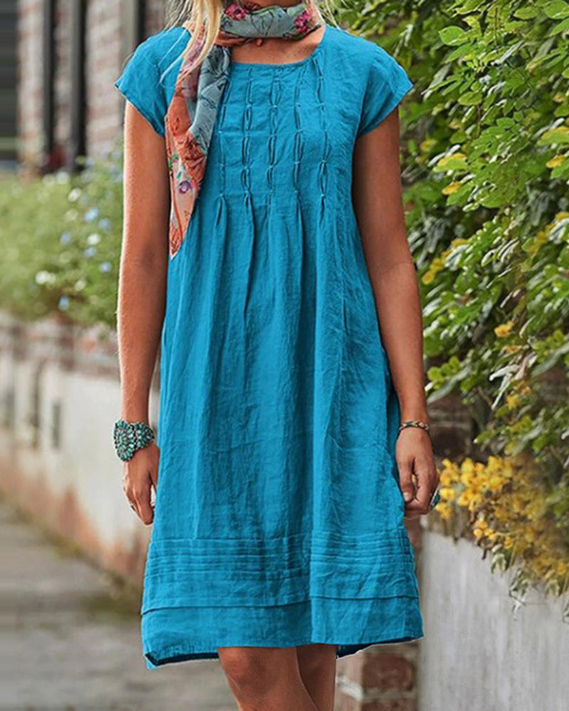 Knee Length Plain Crewneck Tunic Dress Ruched Short Sleeve Loose Pleated Sundress - Sky Blue