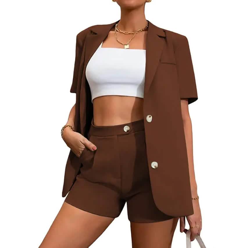 -Piece Set: Women's Solid Color Blazer Shorts
