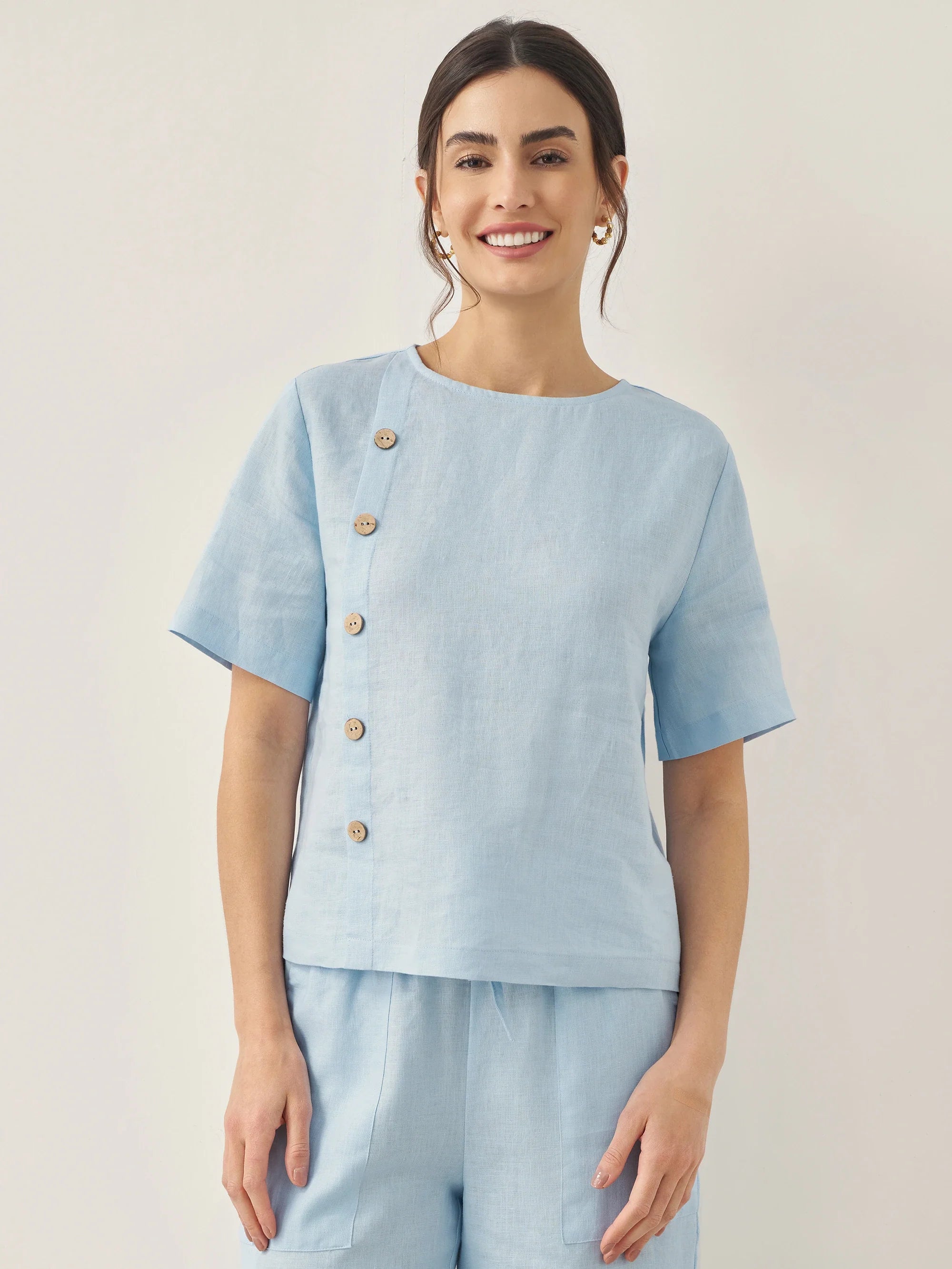 % Linen Short-Sleeve Round Neck Button Detail Top & Pants Set JOSIE - Baby Blue Blouse