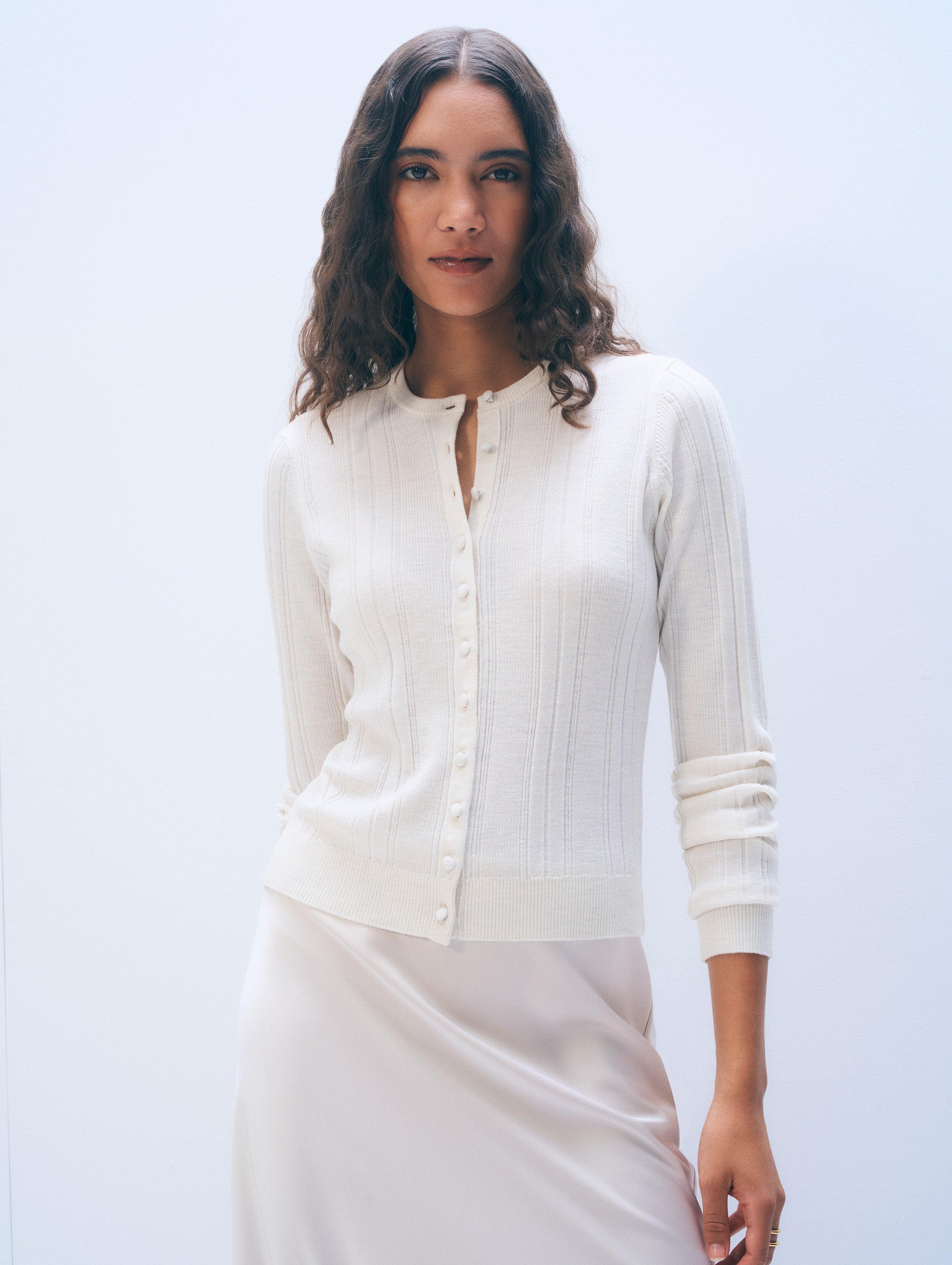 White & Warren Superfine Merino Wool Cardigan Sweater in Ivory size