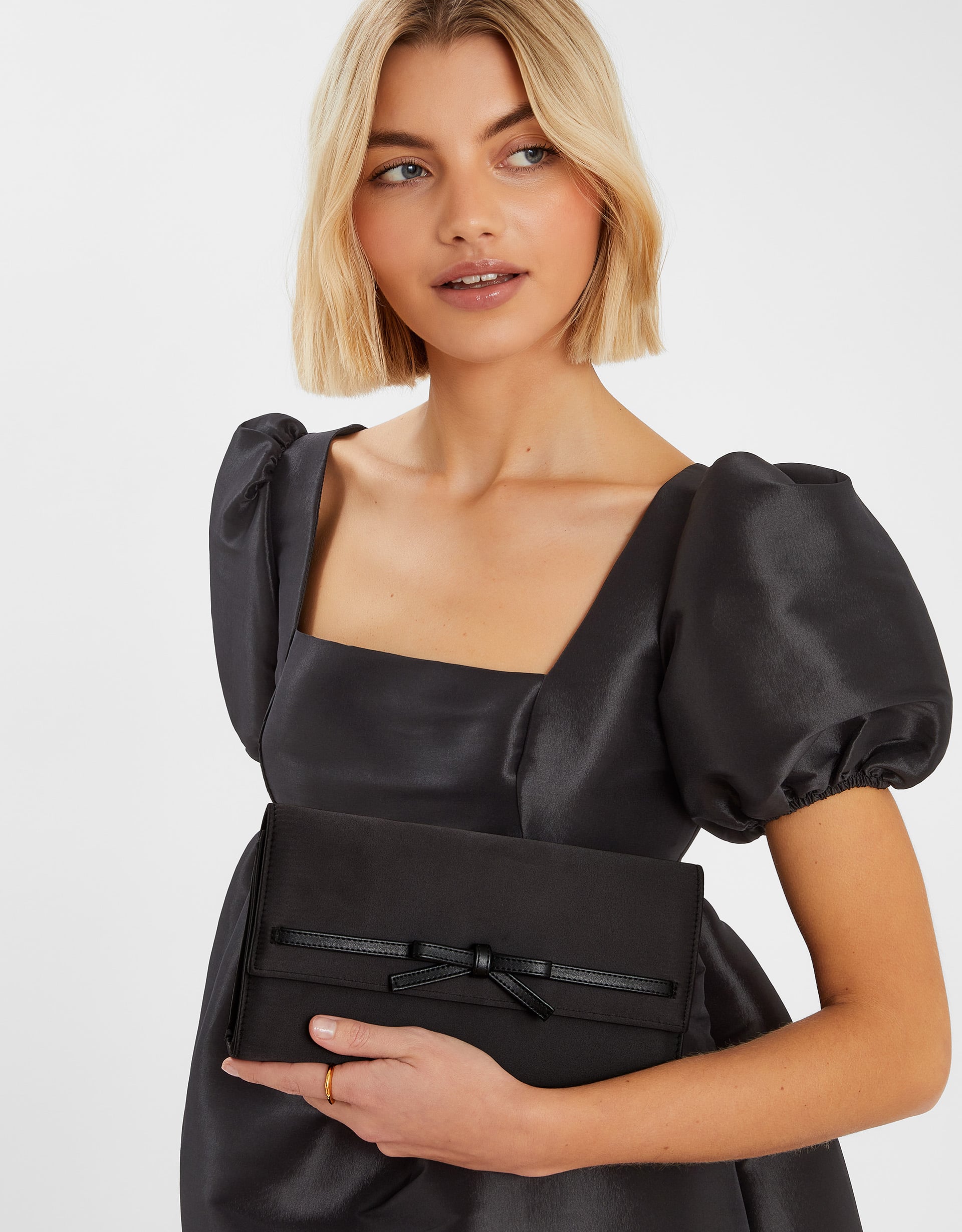 Black Leather Bow Satin Clutch Bag