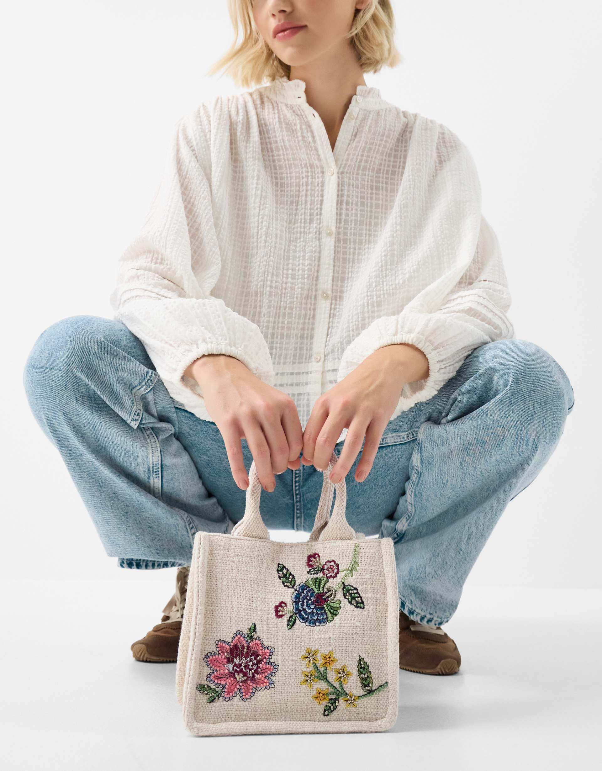 Cream Mini Floral Embellished Handbag