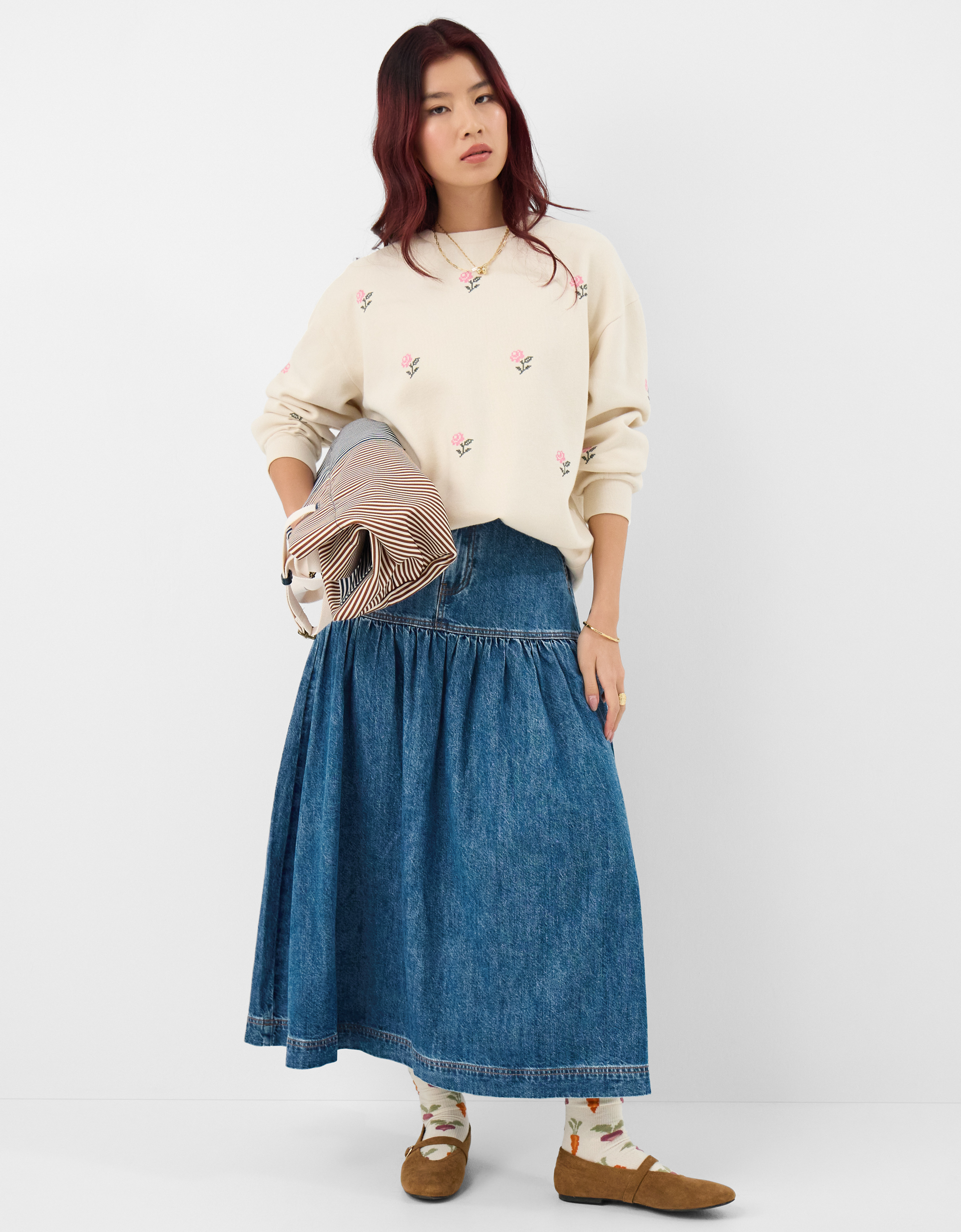 Denim Midi Skirt Blue, Size: