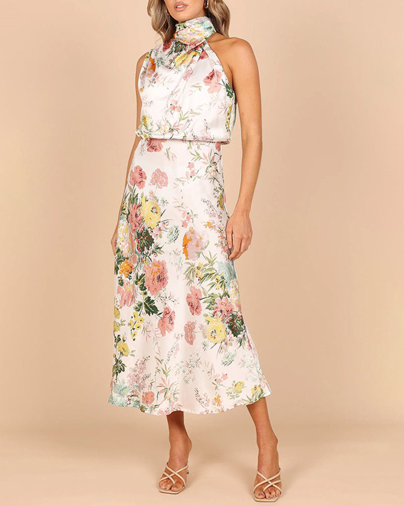 Sleeveless Halter Neck Printed Satin Dress - White L-