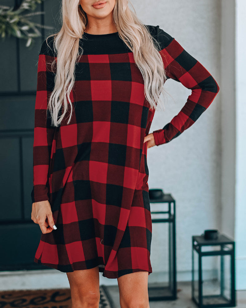 Plaid Splicing Long Sleeve Mini Dress - Red M