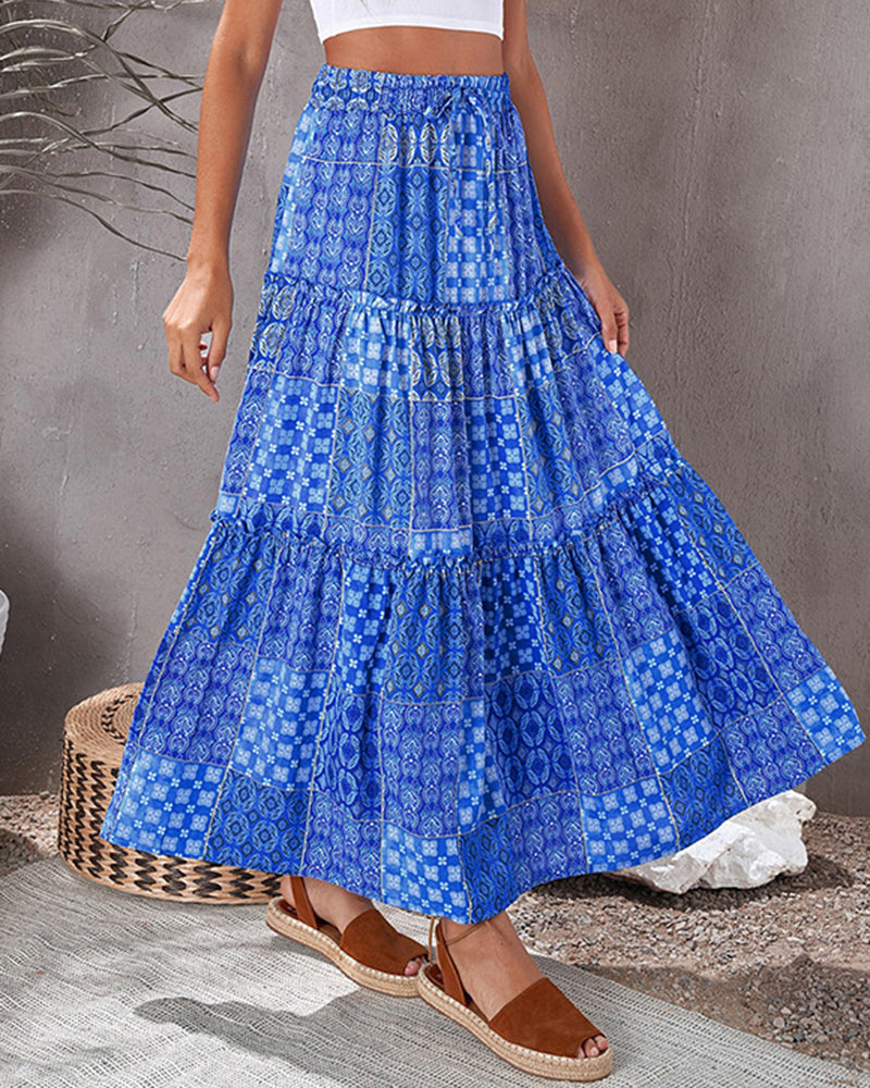 Tiered Paisley Print Long A-Line Skirt Boho Holiday Maxi Skirts - Blue
