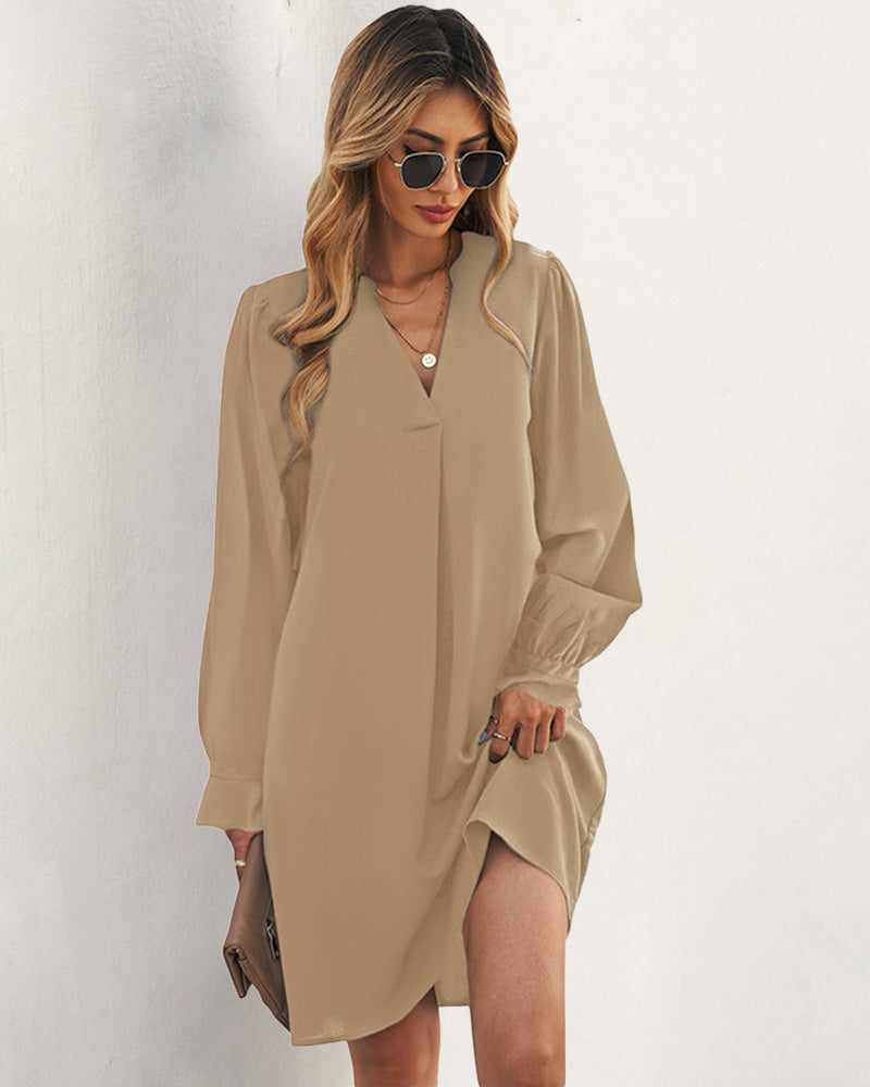 Notch Neck Solid Tunic Dress V-Neck Puff Sleeve Mini Tunic Dress - Beige M