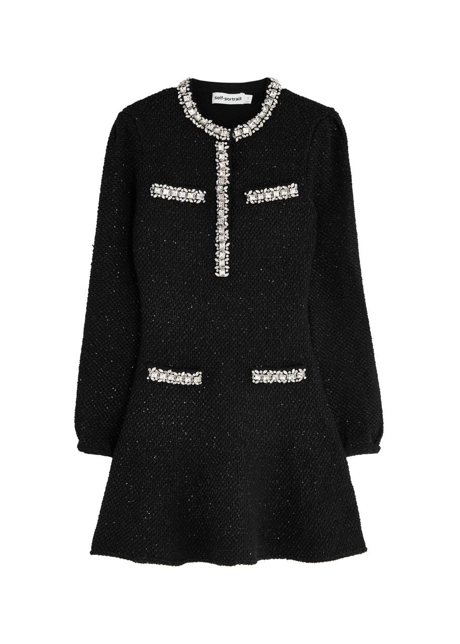 Self-portrait Crystal-embellished Cotton-blend Mini Dress - Black - S - S