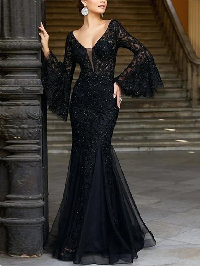Flared Sleeve Lace Dress Slim-Fit Mermaid Evening Gown - Black S