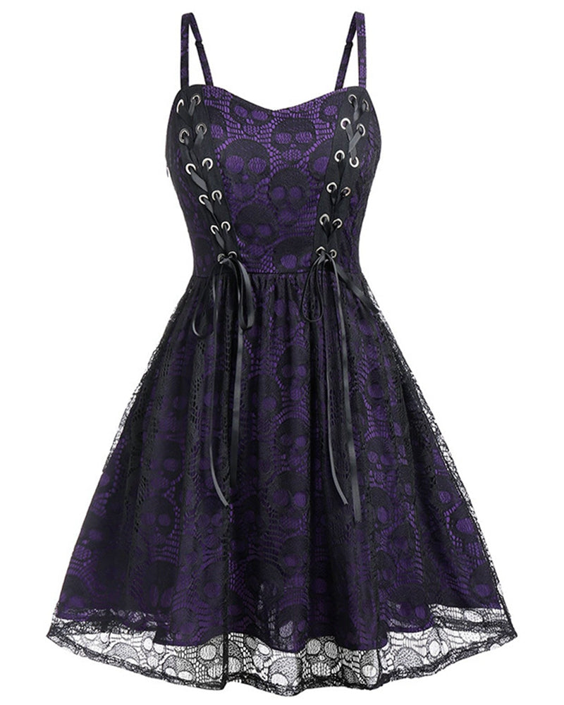 Skull Paneled Lace Up Spaghetti Straps Tight Waist Dress - Purple