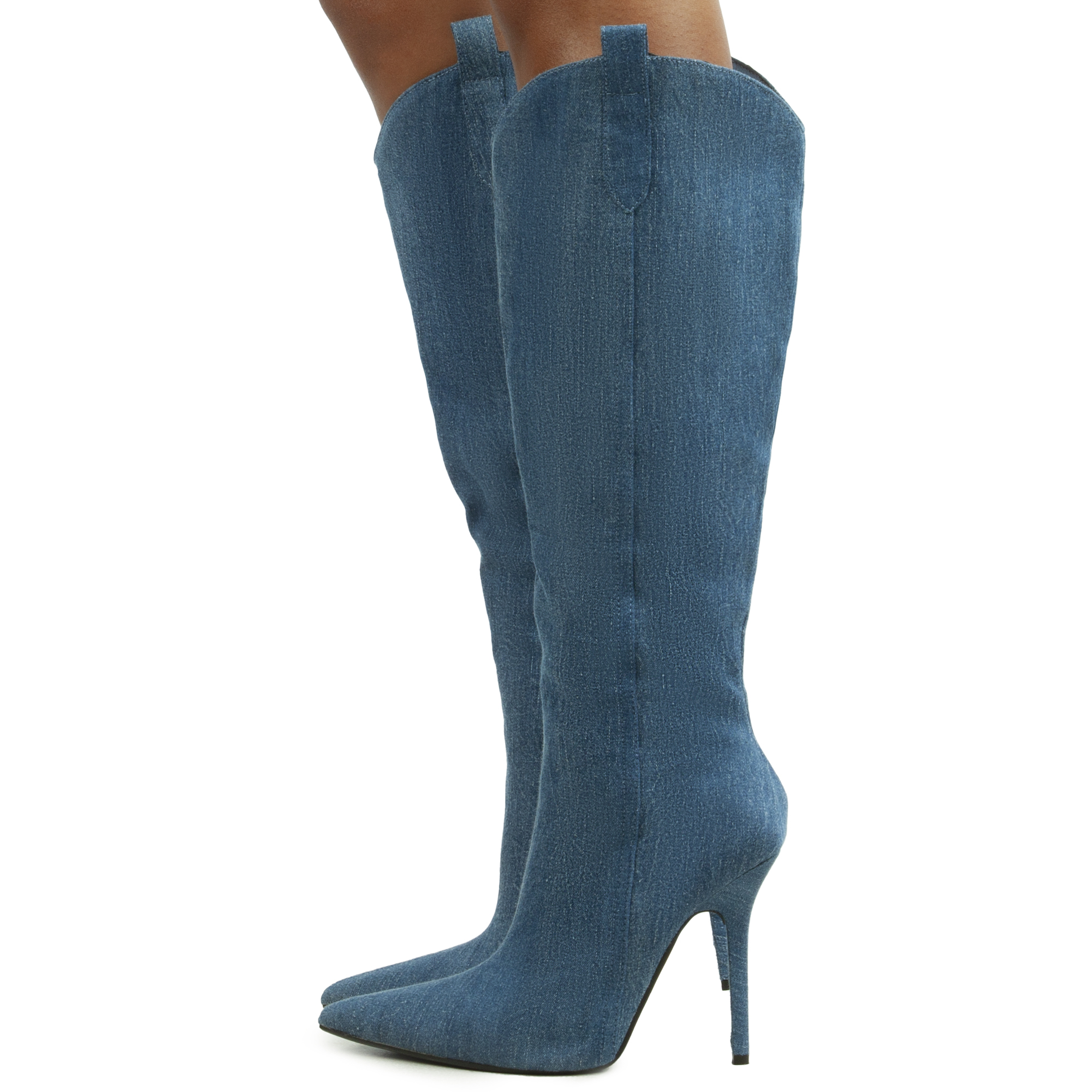 Women Cute Genes-Blu High Heel Boots Blue Denim Knee High Boots Blue Denim