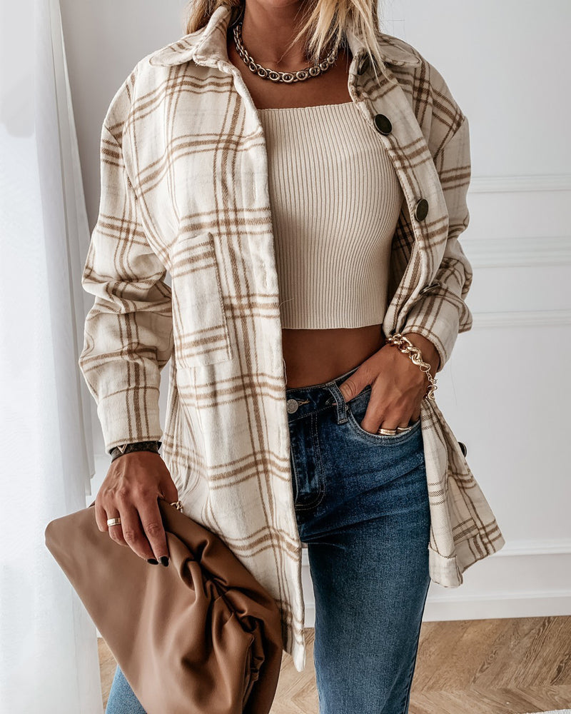 Flannel Plaid Shirts Batwing-Sleeve Button Down Roll Up Long Sleeve Collar Streetwear Blouse Tops - Beige L-
