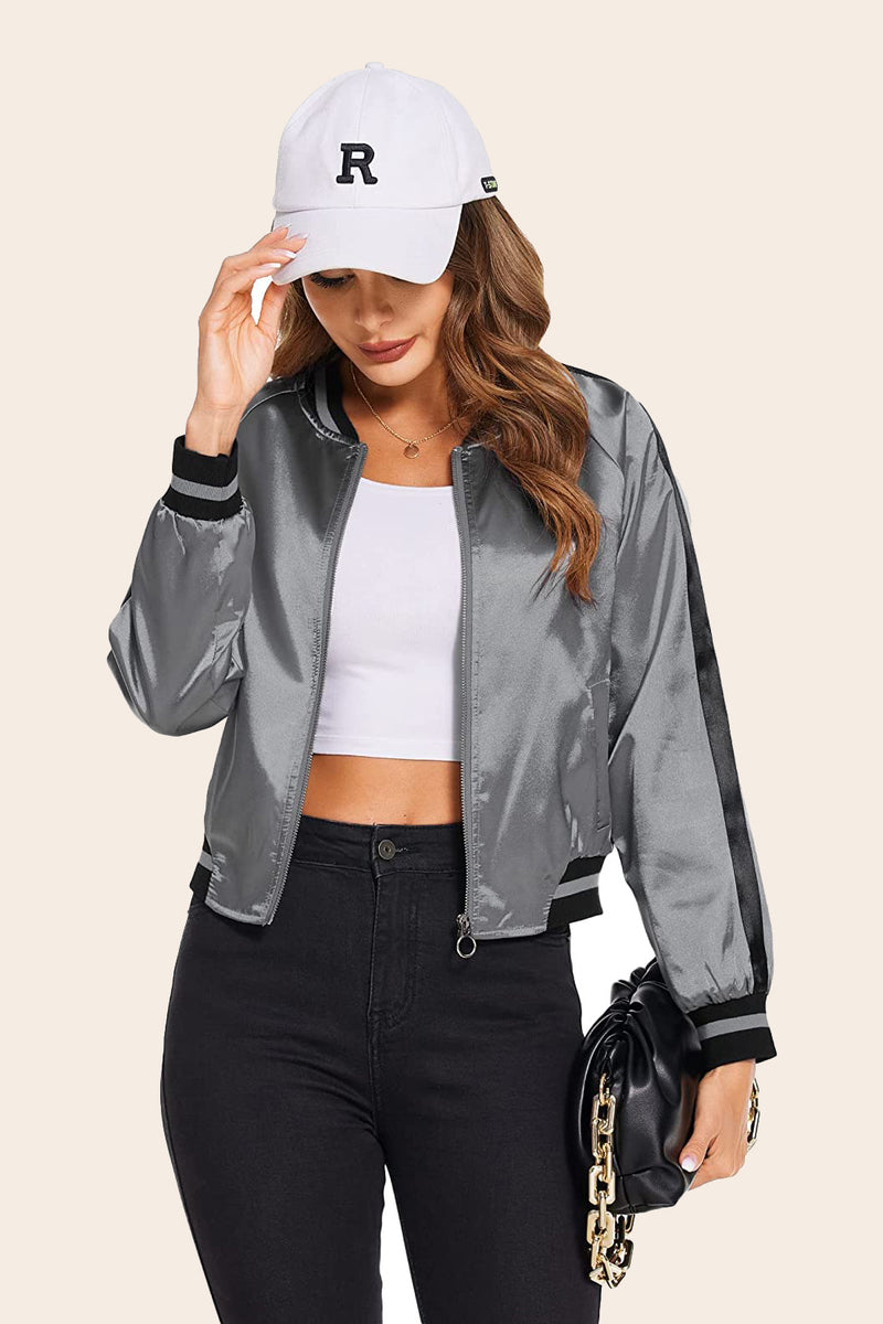 Striped Biker Jacket Zip Up Bomber Jacket - Zeagoo- Grey