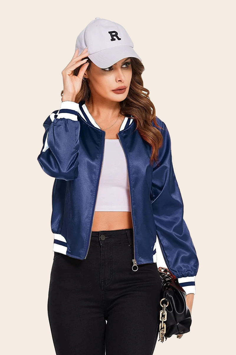 Striped Biker Jacket Zip Up Bomber Jacket - Zeagoo- Navy Blue S