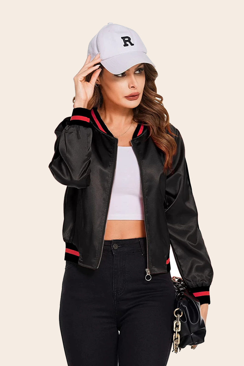 Striped Biker Jacket Zip Up Bomber Jacket - Zeagoo- Black L-
