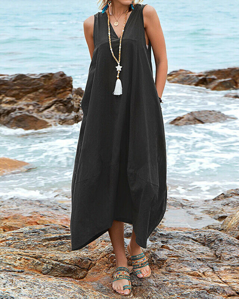 Dress V Neck Sundress Casual Solid Baggy Maxi Flowy Dresses with Pockets - Black S