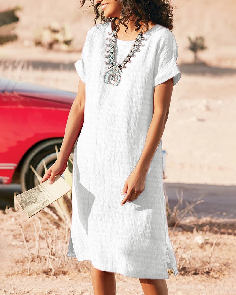 Short Sleeve Pure Color Split Crew Neck Basic Loose Fit Midi Dress - White