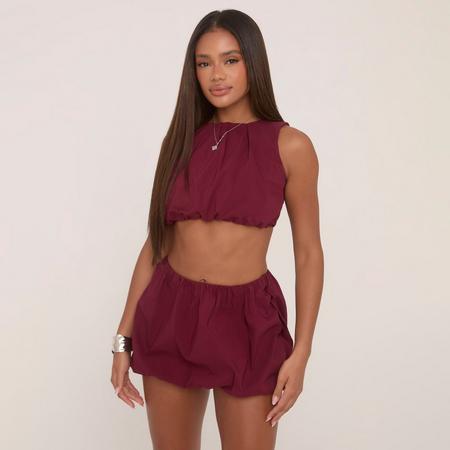 Sleeveless Crop Top And High Waist Puffball Mini Skirt Co-Ord Set In Burgundy, Women's Size