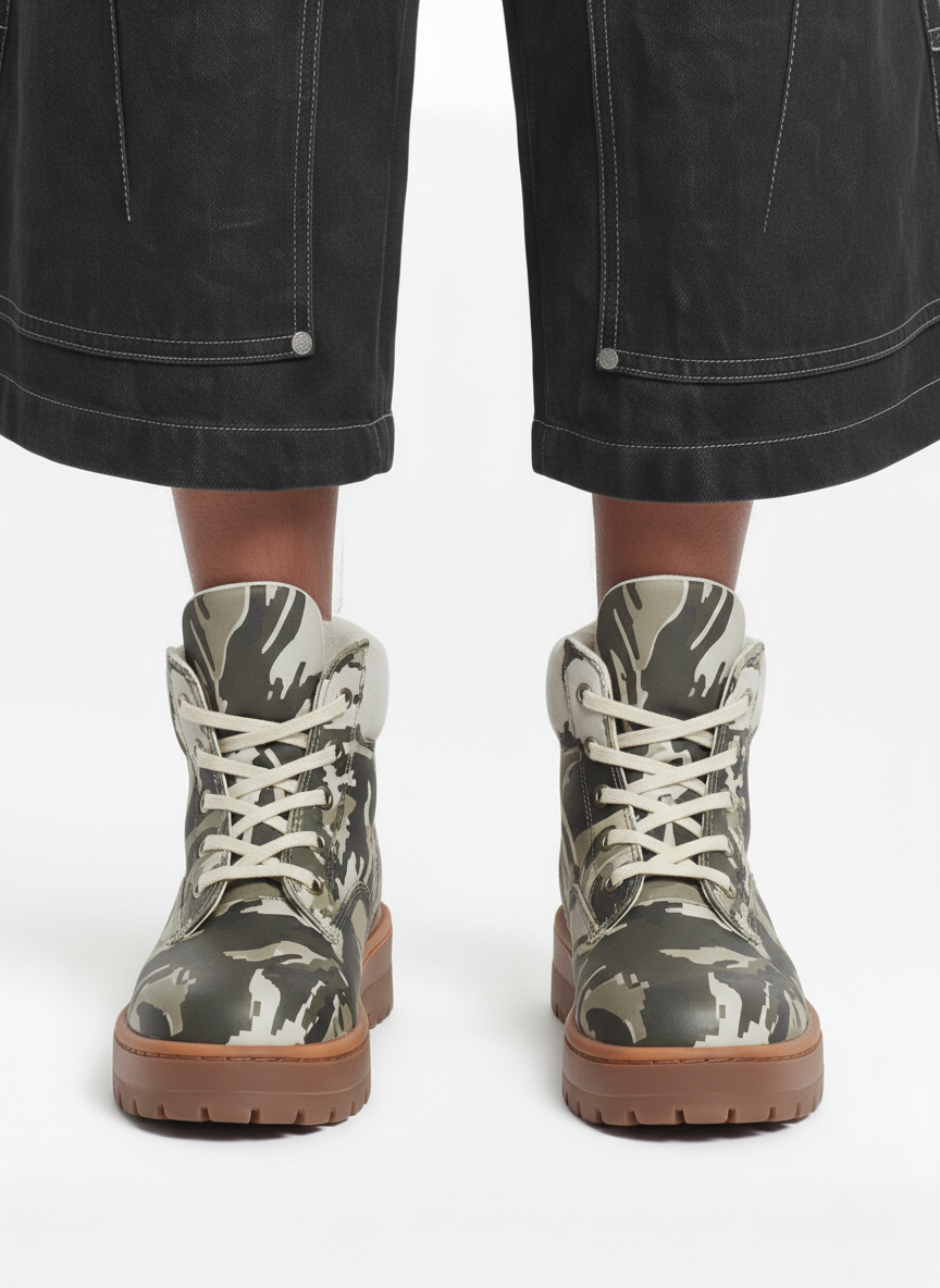Camo Print Lace Up Chunky Ankle Boots