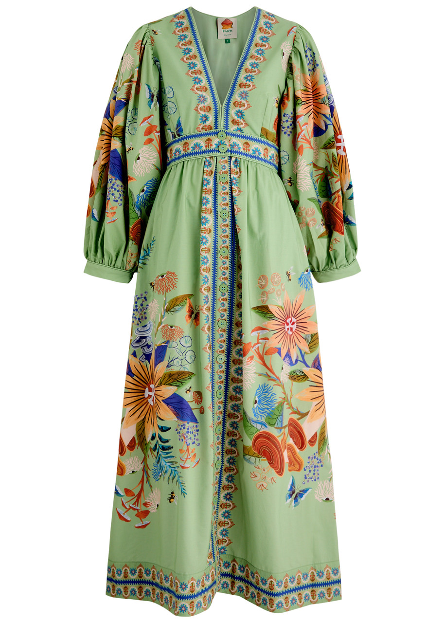 Farm Rio Bright Yard Printed Cotton Maxi Dress - Green - L L