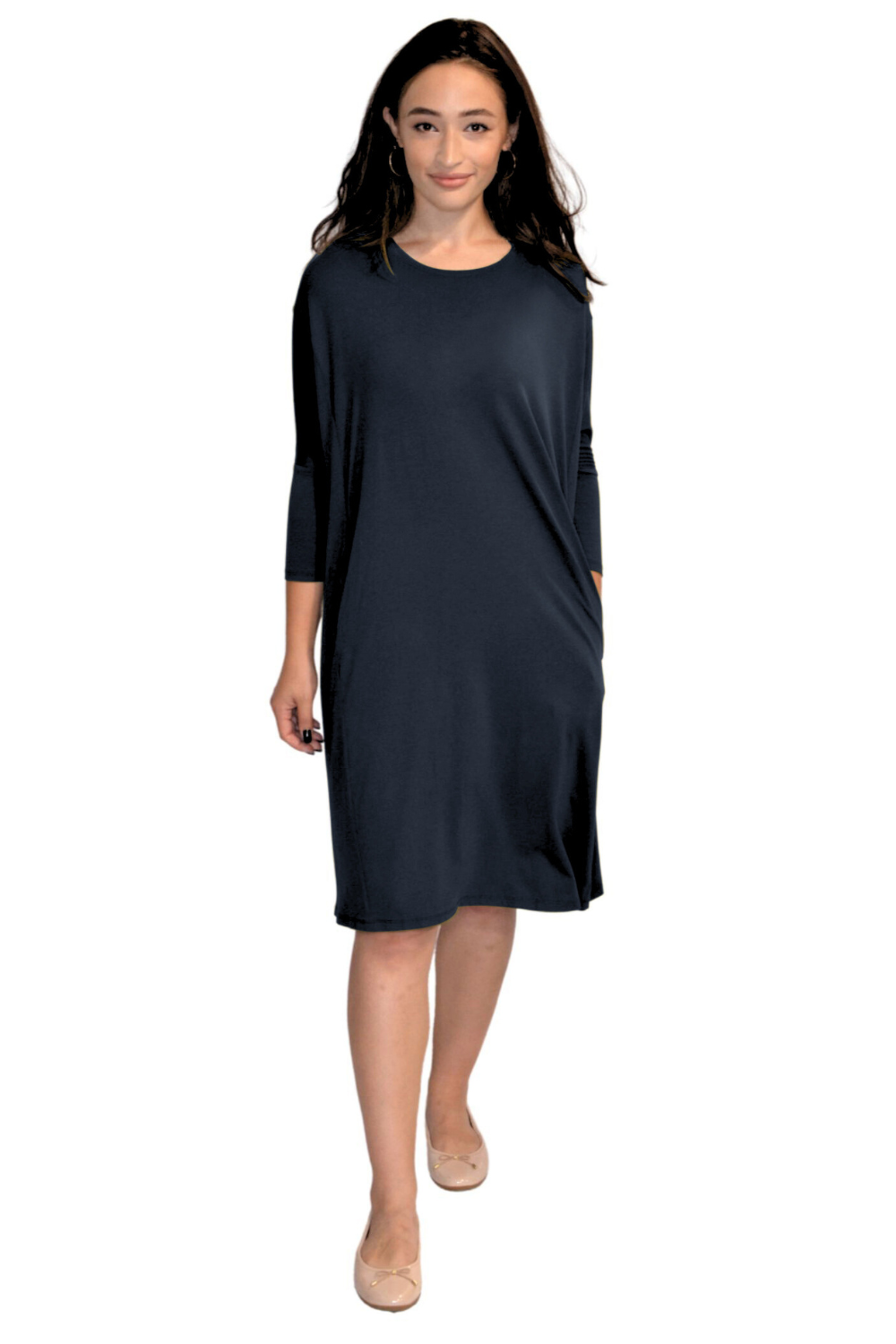 Relaxed Fit Modest Sleeve Knee-Length Dress with Pockets - Dark Navy LargeXX