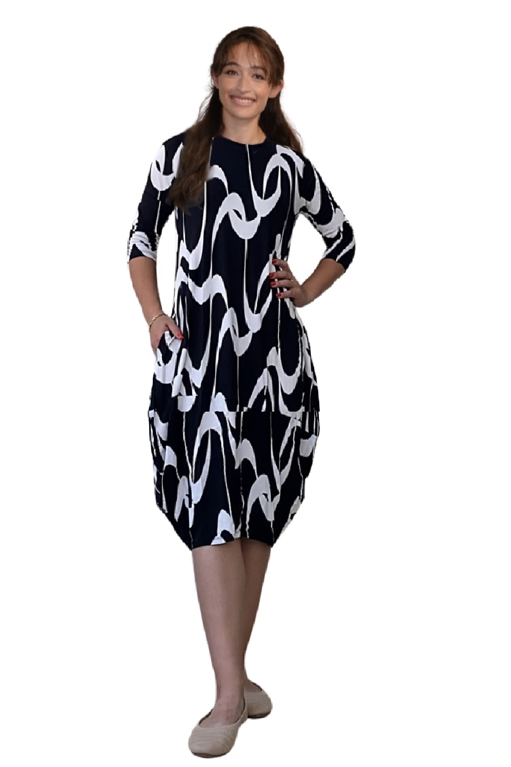 Sleeve Tulip Cocoon Dress - Mid-Calf Length with Pockets - Black with White Print Medium