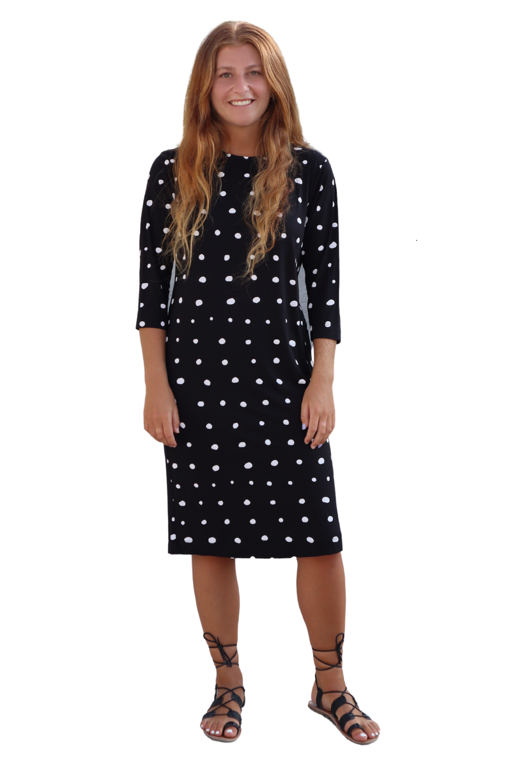 Classic Sleeve Modest Knee-Length Shift Dress - BlackWhite Droplets Medium