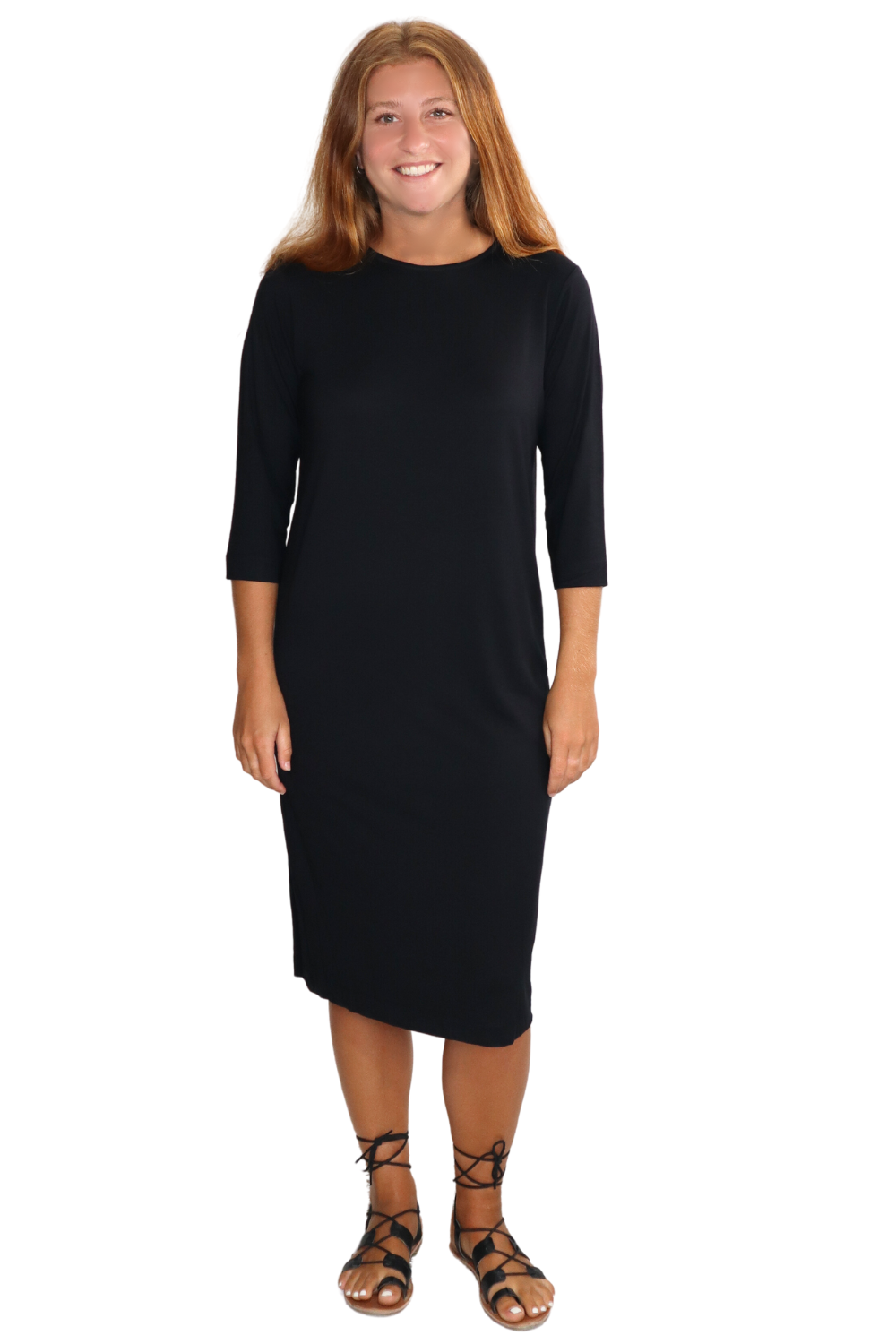 Classic Sleeve Modest Knee-Length Shift Dress - Black Small