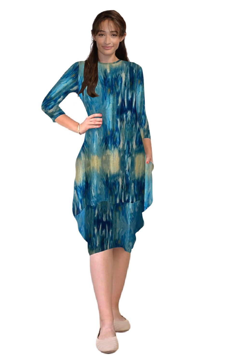 Sleeve Tulip Cocoon Dress - Mid-Calf Length with Pockets - Blue Brush Strokes Large