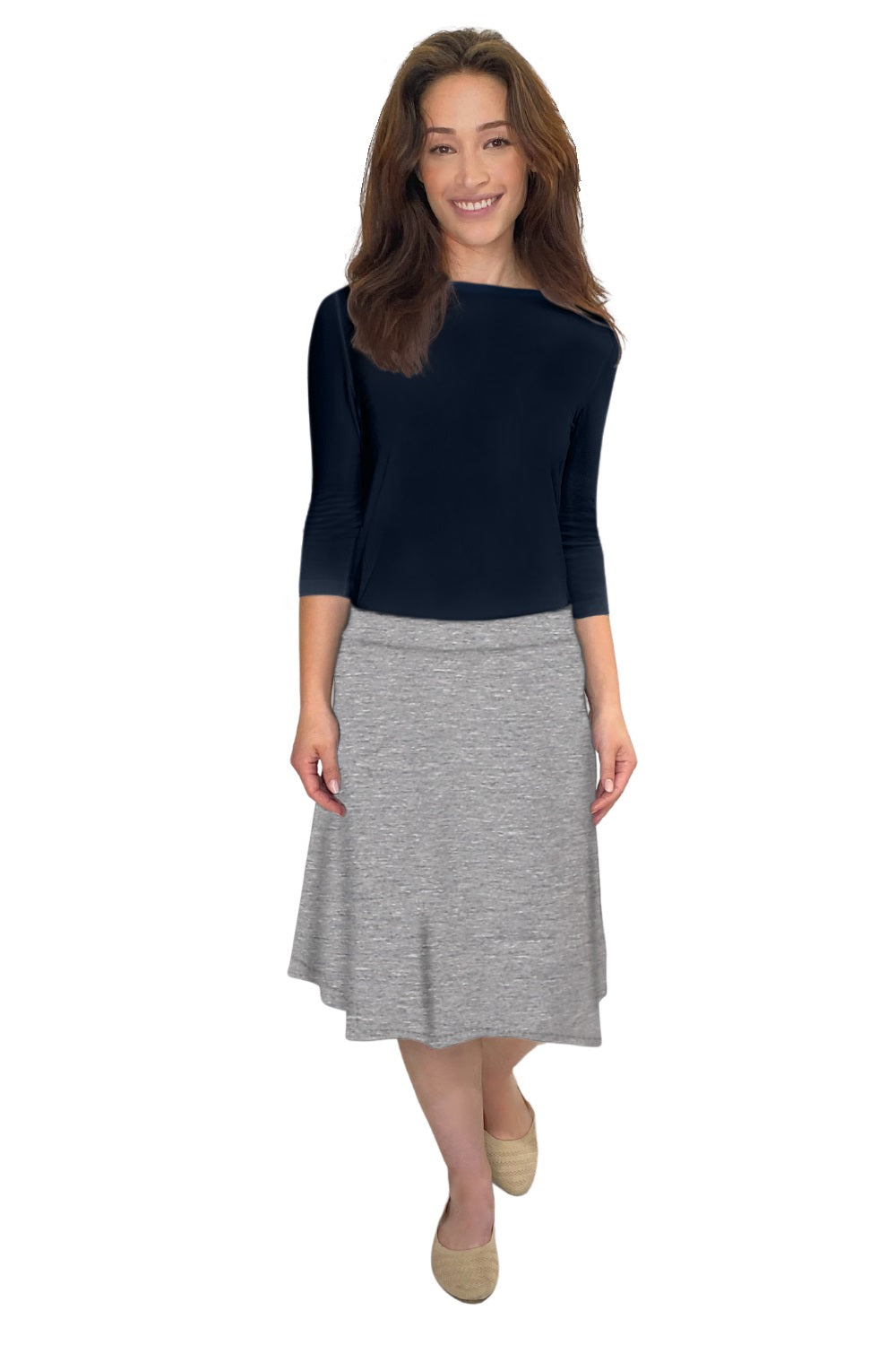 Classic A-Line Knee Length Cotton Stretch Skirt - Modest Everyday Comfort - Heather Grey Large