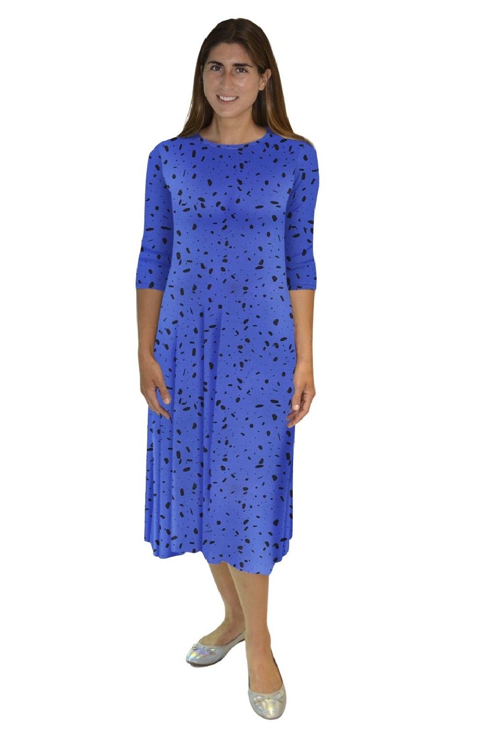 Mid-Calf Sleeve Swing Dress with Pockets - Nautical Blue Print Large