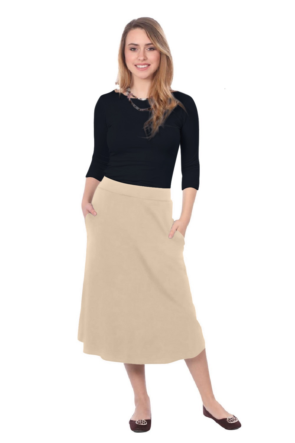 The Perfect A-Line Midi Skirt with Pockets - Beige Large