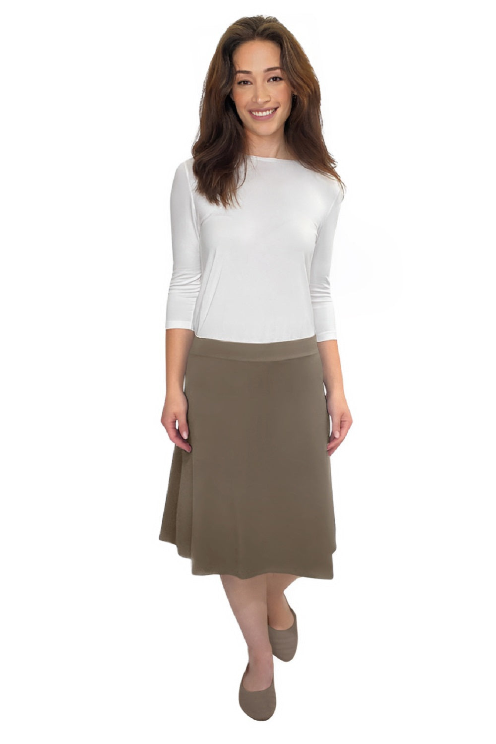 Classic A-Line Knee Length Cotton Stretch Skirt - Modest Everyday Comfort - Walnut Large