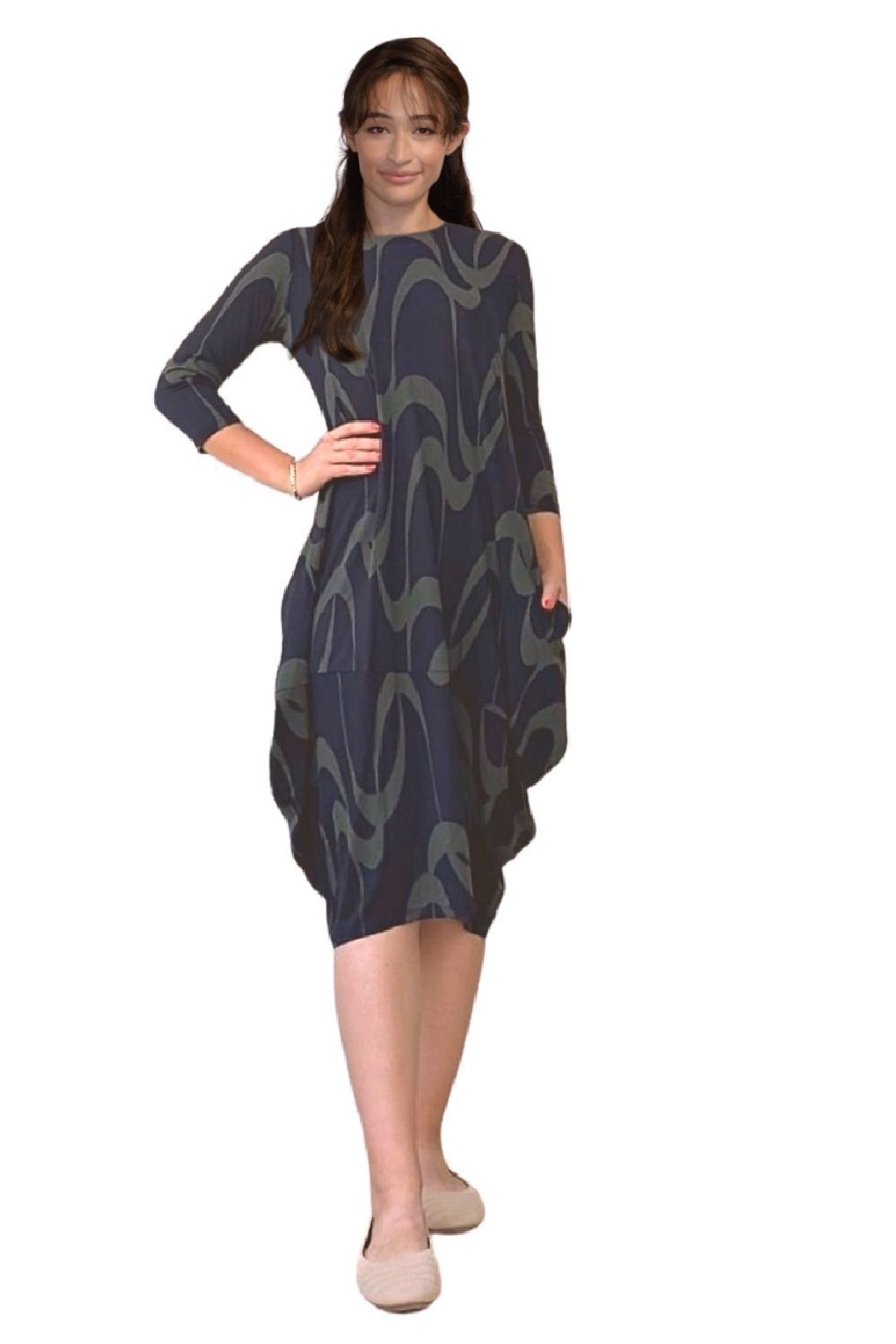 Sleeve Tulip Cocoon Dress - Mid-Calf Length with Pockets - Black with Olive Print Medium