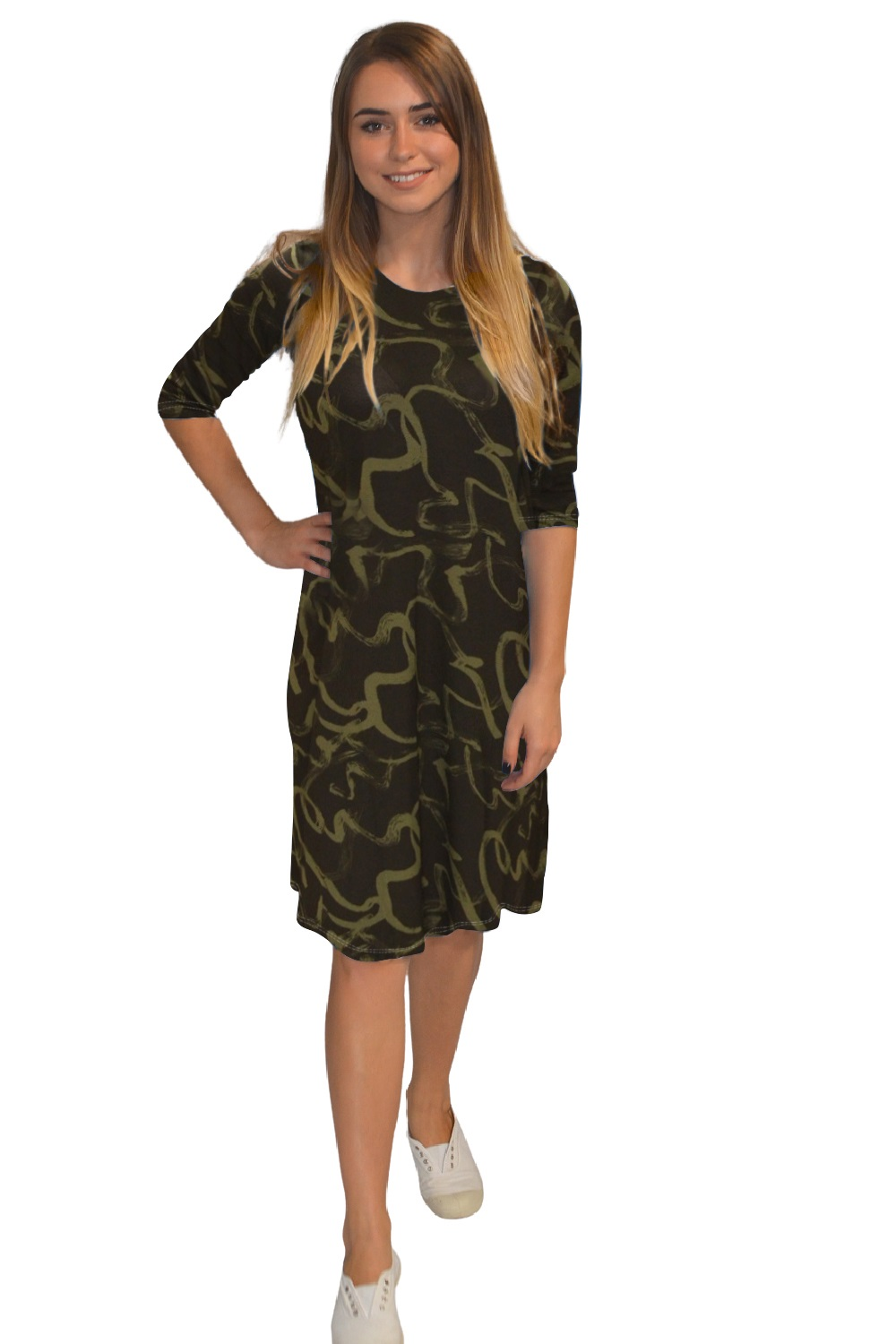Classic Knee Length A-Line Shirt Dress - Black Olive Freestyle Medium