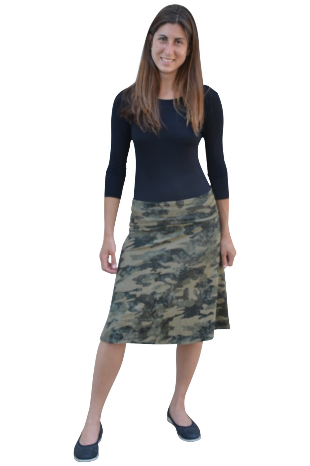 Sleek A-Line Adjustable Waist Midi Skirt with Fold-Over Waistband - Camouflage Green Medium