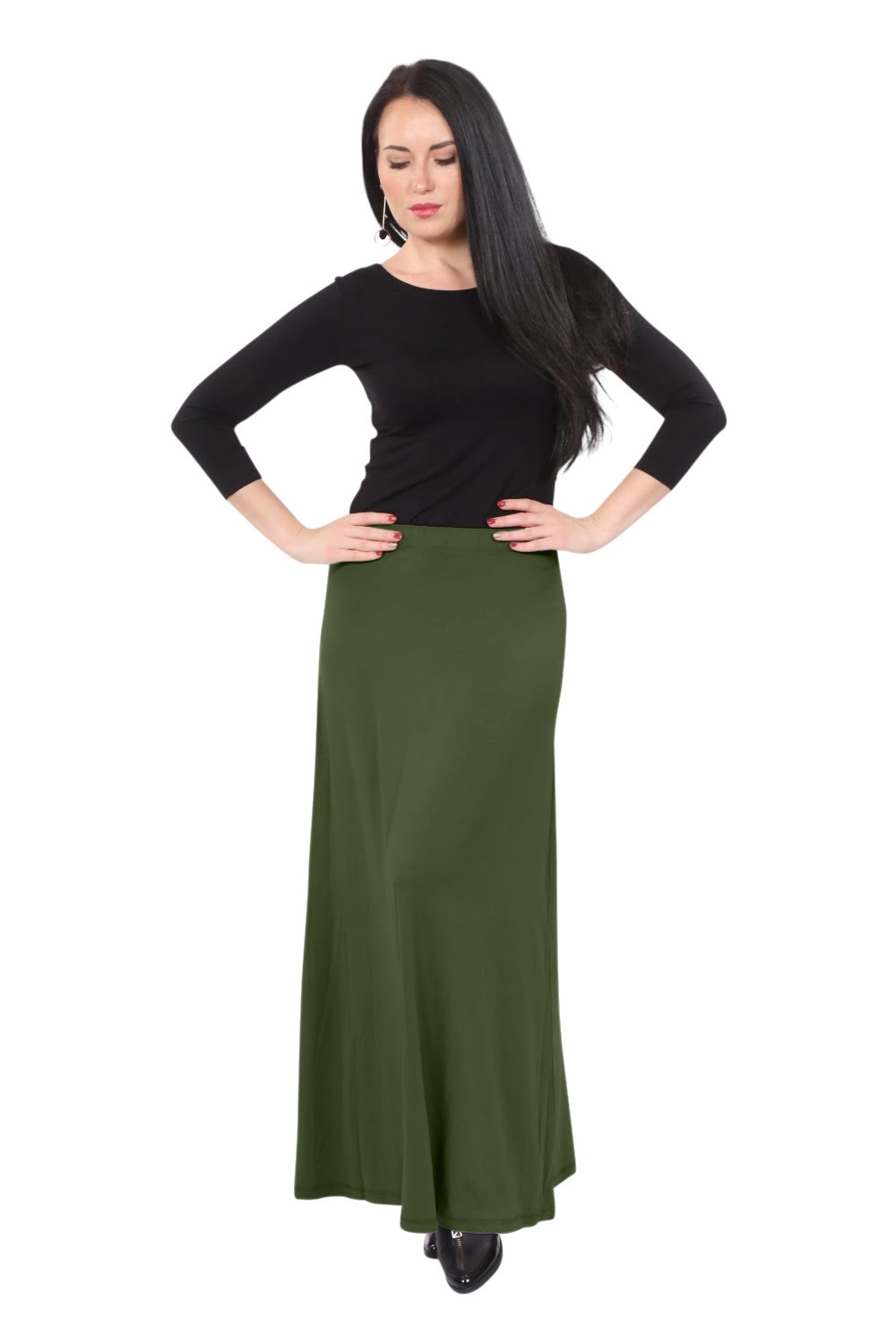 Flowing A-Line Maxi Skirt - Stretch Comfort Waistband - Olive Small