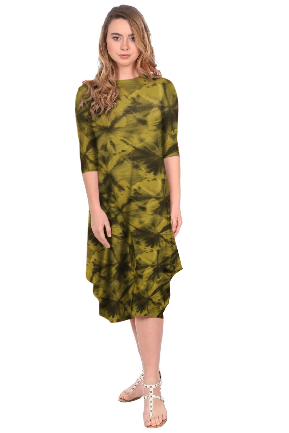 Flowing Midi Dress with Sleeves and Dramatic Drape - Green Sunburst Small