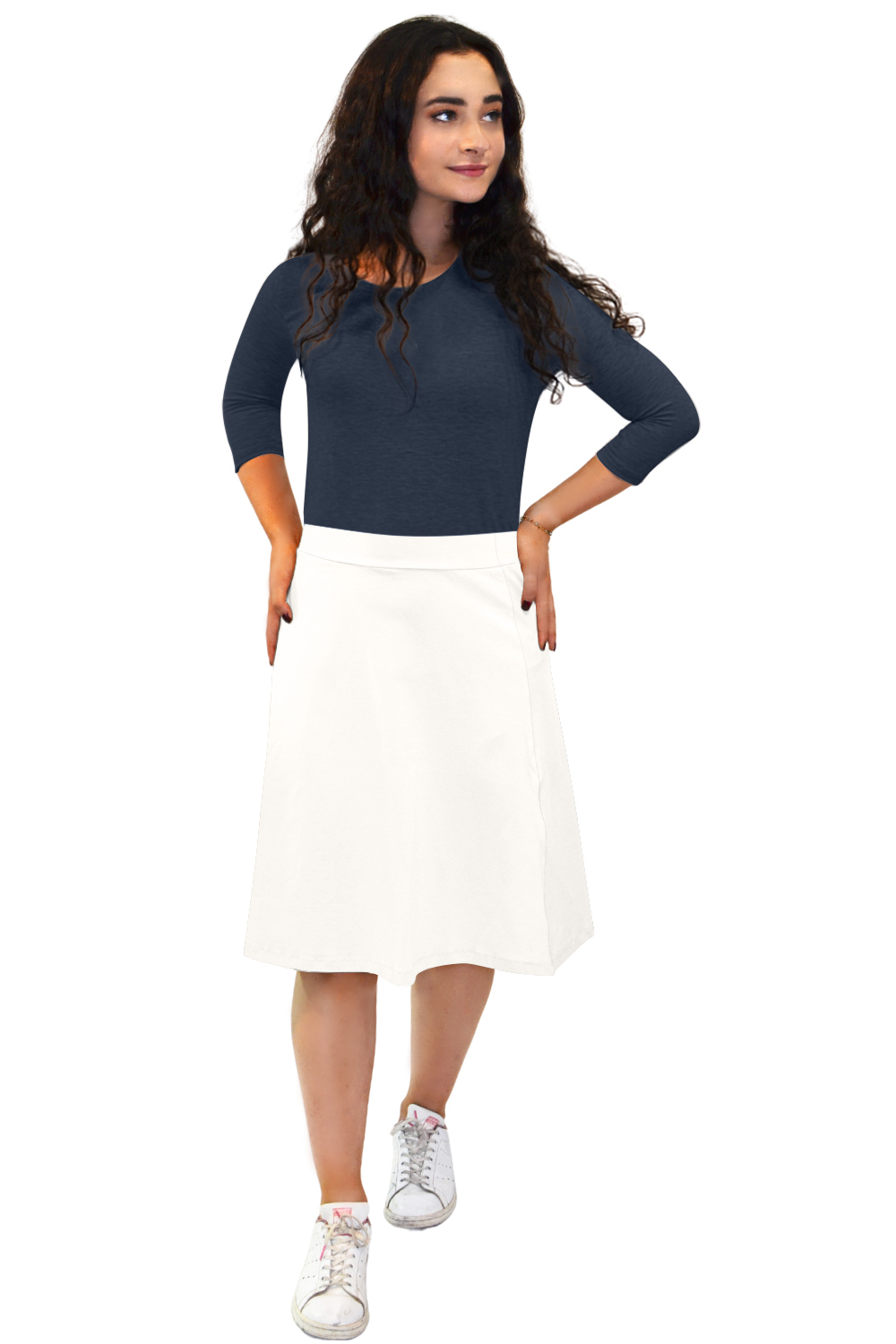 Classic A-Line Knee Length Cotton Stretch Skirt - Modest Everyday Comfort - White Small
