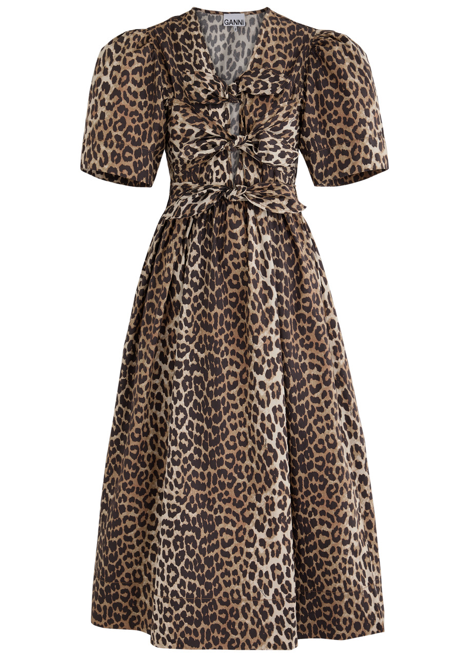 Ganni Leopard-print Belted Cotton Midi Dress - S