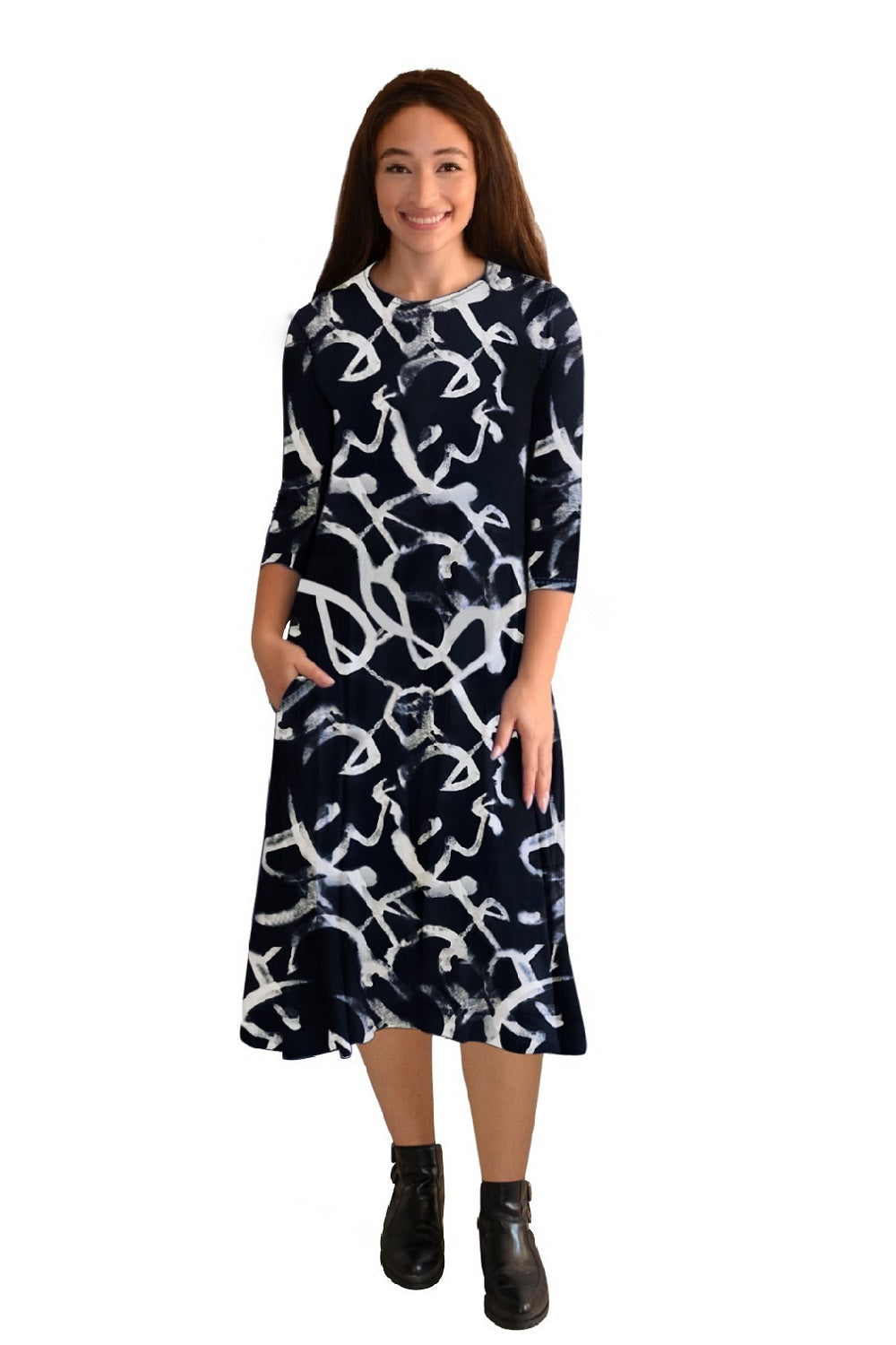 Mid-Calf Sleeve Swing Dress with Pockets - WhiteBlack Stamp Print Medium